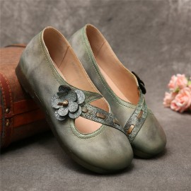 Vintage Handmade Soft Leather Floral Strap Green Slip on Flat Shoes