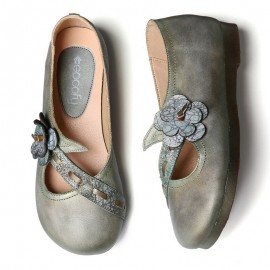 Vintage Handmade Soft Leather Floral Strap Green Slip on Flat Shoes