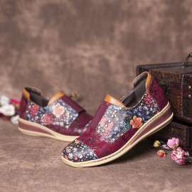 Retro Splicing Small Flowers Genuine Leather Flat Zipper Shoes