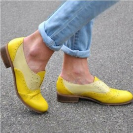 Women Color Splicing Square Heel Round Toe Brogue Oxfords Casual Flats Loafers