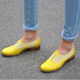 Women Color Splicing Square Heel Round Toe Brogue Oxfords Casual Flats Loafers