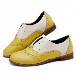 Women Color Splicing Square Heel Round Toe Brogue Oxfords Casual Flats Loafers