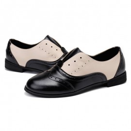 Women Color Splicing Square Heel Round Toe Brogue Oxfords Casual Flats Loafers