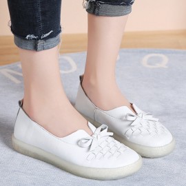 Women's Leather Slip On Solid Color Woven Bowknot Asakuchi Flats Loafers Shoes