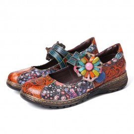 Retro Embossed Flower Splicing Floral Genuine Leather Flat Shoes