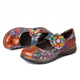 Retro Embossed Flower Splicing Floral Genuine Leather Flat Shoes