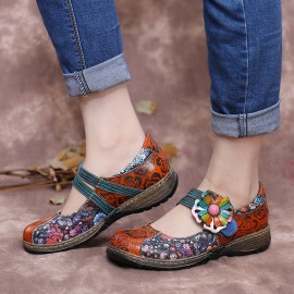 Retro Embossed Flower Splicing Floral Genuine Leather Flat Shoes