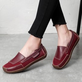 Women Comfy Leather Splicing Soft Slip On Flat Loafers