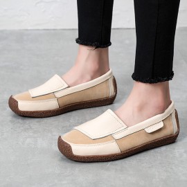 Women Comfy Leather Splicing Soft Slip On Flat Loafers