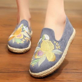 Women Handmade Embroidery Straw Comfy Lightweight Casual Flat Loafers