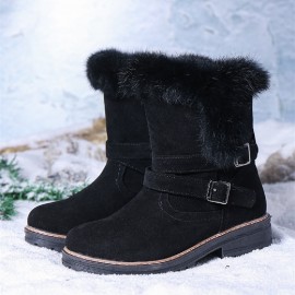 Women Solid Color Round Toe Casual Elegant Buckle Fluff Flanging Snow Boots