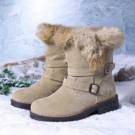 Women Solid Color Round Toe Casual Elegant Buckle Fluff Flanging Snow Boots