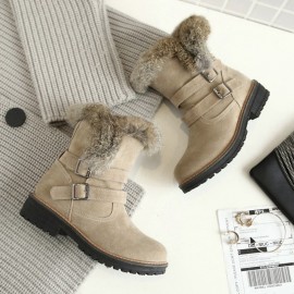 Women Solid Color Round Toe Casual Elegant Buckle Fluff Flanging Snow Boots