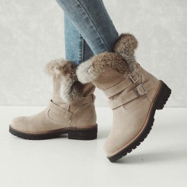 Women Solid Color Round Toe Casual Elegant Buckle Fluff Flanging Snow Boots