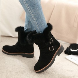 Women Solid Color Round Toe Casual Elegant Buckle Fluff Flanging Snow Boots