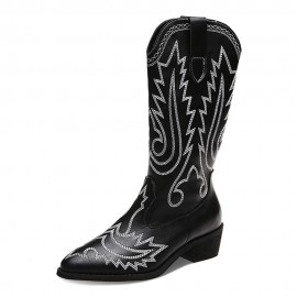 Women Retro Brief Embroidery Leather V-Cut Mid-calf Pull On Casual Martin Knight Boots