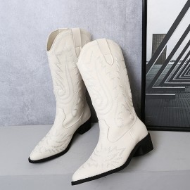 Women Retro Brief Embroidery Leather V-Cut Mid-calf Pull On Casual Martin Knight Boots