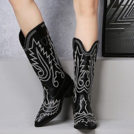 Women Retro Brief Embroidery Leather V-Cut Mid-calf Pull On Casual Martin Knight Boots