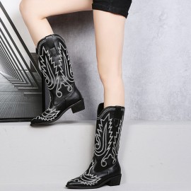 Women Retro Brief Embroidery Leather V-Cut Mid-calf Pull On Casual Martin Knight Boots