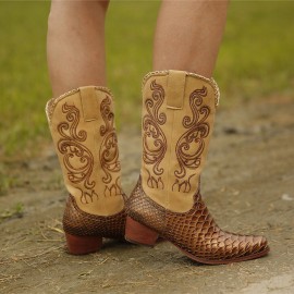 Plus Size Women Embroidered Splicing Chunky Heel Mid Calf Cowboy Boots