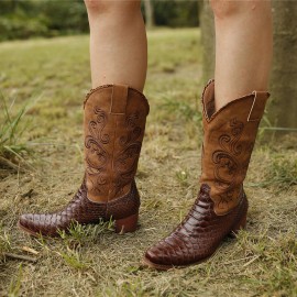 Plus Size Women Embroidered Splicing Chunky Heel Mid Calf Cowboy Boots