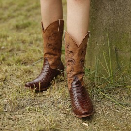 Plus Size Women Embroidered Splicing Chunky Heel Mid Calf Cowboy Boots