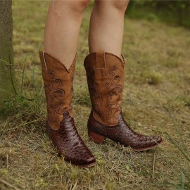 Plus Size Women Embroidered Splicing Chunky Heel Mid Calf Cowboy Boots