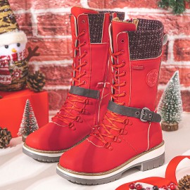 Women Retro Buckle Solid Color Side-zip Casual Knitted Shoe Tube Mid-Calf Snow Boots