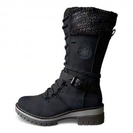 Women Retro Buckle Solid Color Side-zip Casual Knitted Shoe Tube Mid-Calf Snow Boots