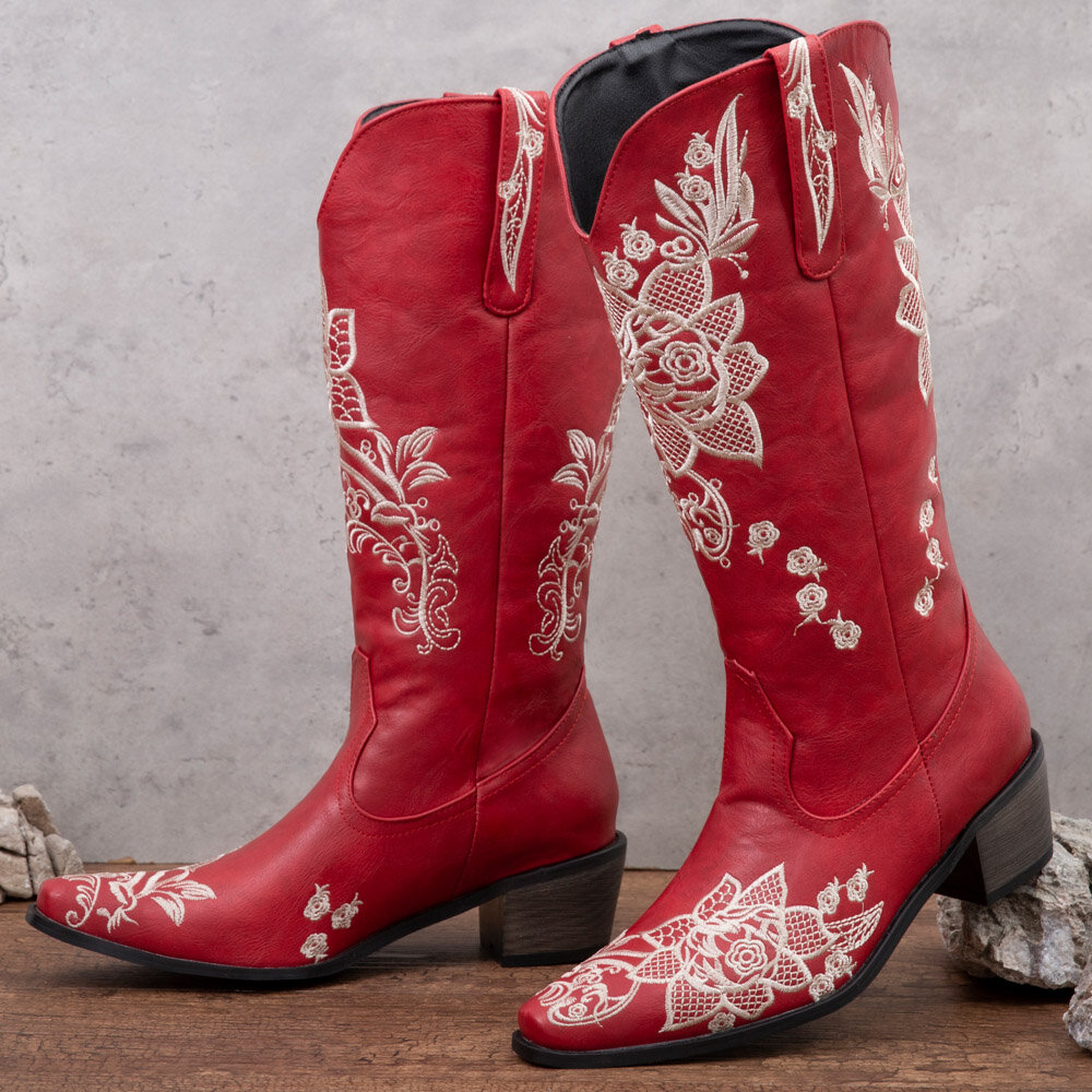 Women Floral Retro Pointy-toe Embroidery Leather V-Cut Chunky Heel Mid-calf Pull On Knight Boots