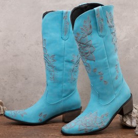 Women Floral Retro Pointy-toe Embroidery Leather V-Cut Chunky Heel Mid-calf Pull On Knight Boots