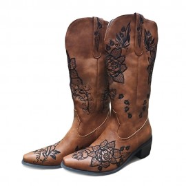 Women Floral Retro Pointy-toe Embroidery Leather V-Cut Chunky Heel Mid-calf Pull On Knight Boots