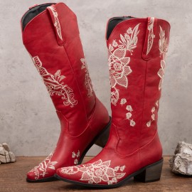 Women Floral Retro Pointy-toe Embroidery Leather V-Cut Chunky Heel Mid-calf Pull On Knight Boots