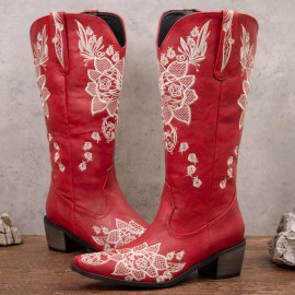 Women Floral Retro Pointy-toe Embroidery Leather V-Cut Chunky Heel Mid-calf Pull On Knight Boots