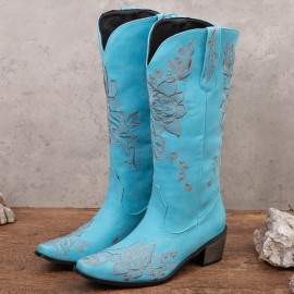 Women Floral Retro Pointy-toe Embroidery Leather V-Cut Chunky Heel Mid-calf Pull On Knight Boots