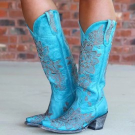 Women Floral Retro Pointy-toe Embroidery Leather V-Cut Chunky Heel Mid-calf Pull On Knight Boots