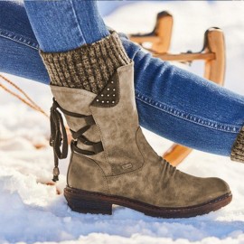 Women Plus Size Comfy Stitching Casual Mid Calf Boots Snow Boots