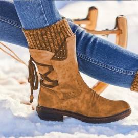 Women Plus Size Comfy Stitching Casual Mid Calf Boots Snow Boots