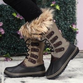 Women Solid Furry Warm Slip Resistant Cross Strap Mid Calf Snow Boots