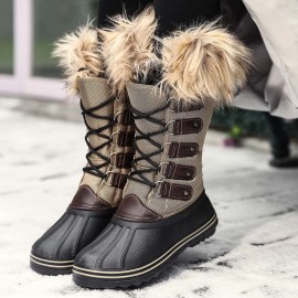 Women Solid Furry Warm Slip Resistant Cross Strap Mid Calf Snow Boots