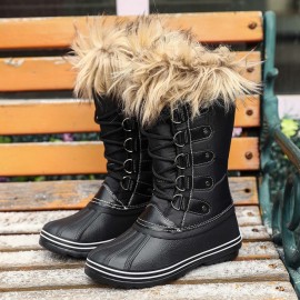 Women Solid Furry Warm Slip Resistant Cross Strap Mid Calf Snow Boots