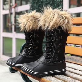 Women Solid Furry Warm Slip Resistant Cross Strap Mid Calf Snow Boots