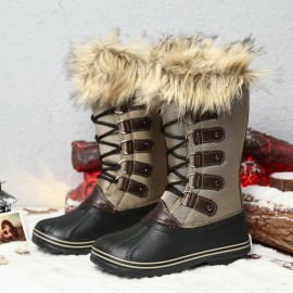 Women Solid Furry Warm Slip Resistant Cross Strap Mid Calf Snow Boots