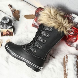 Women Solid Furry Warm Slip Resistant Cross Strap Mid Calf Snow Boots