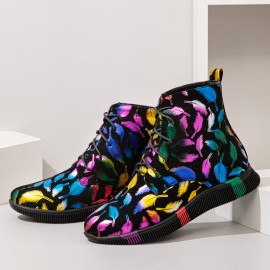 Women Stytish Colorful Graffiti Lace Up Short Calf Combat Boots