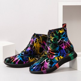 Women Stytish Colorful Graffiti Lace Up Short Calf Combat Boots