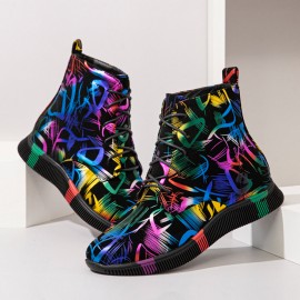 Women Stytish Colorful Graffiti Lace Up Short Calf Combat Boots