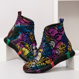 Women Stytish Colorful Graffiti Lace Up Short Calf Combat Boots