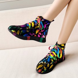 Women Stytish Colorful Graffiti Lace Up Short Calf Combat Boots