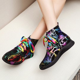 Women Stytish Colorful Graffiti Lace Up Short Calf Combat Boots